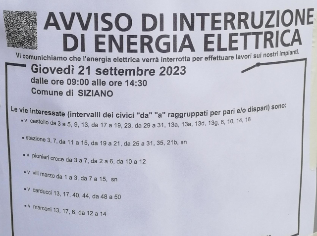 Avviso interruzione energia